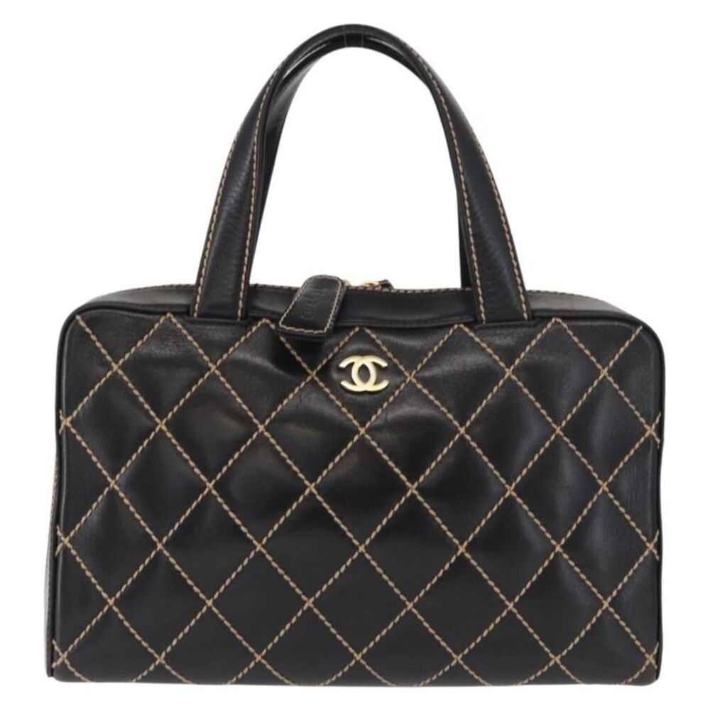 Chanel Surpique Boston Quilted Leather Black Leather Handbag